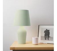 Biznest Stoneware Table Lamp Faux Linen Fabric Shade with A Satin Ribbed Glazed Reading, Bedroom, Living Room, Study, Office (Sage Green)