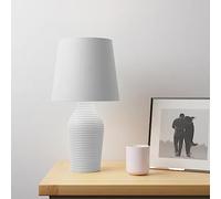 Biznest Stoneware Table Lamp Faux Linen Fabric Shade with A Satin Ribbed Glazed Reading, Bedroom, Living Room, Study, Office (Dove Grey)