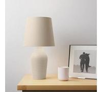 Biznest Stoneware Table Lamp Faux Linen Fabric Shade With A Satin Ribbed Glazed Reading, Study, Office ( Hummus )