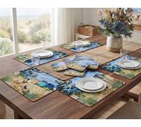 Biznest The Pack Of 12 Summer Walk On Beach Mdf Placemat/coaster Cork-Backing Coastal Scene Dining Table Surface Protect Home Deco