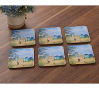 Biznest The Pack Of 6 Summer Walk On Beach Mdf Coaster Cork-Backing Coastal Scene Dining Table Surface Protection Home Decor 10Cm