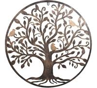 Biznest Tree Of Life Metal Wall Artwork Iron Circle Hollowed Sculpture Decorative Charming Birds Perching On Branches Elegant Rustic Design Natural Brown Wood Tone Interior Hanging 60 Cm Dia. (BROWN)