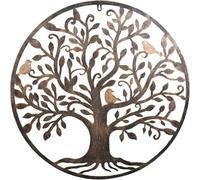 Biznest Tree Of Life Metal Wall Artwork Iron Circle Hollowed Sculpture Decorative Charming Birds Perching On Branches Brown 60 Cm