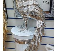 Biznest X Large 100Cm Italian Crushed Diamond Ceramic Peacock Display Ornament Stand Any Room Home Decor Stylish (White Silver)