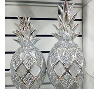 Biznest Xl Silver Set Of 2 Pineapples Sparkle Bling Ornament Crushed Diamond Shelves Display
