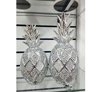 Biznest Xl Silver Set Of 2 Pineapples Sparkle Bling Ornament Crushed Diamond Shelves Display