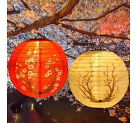 BIZOI 2Pcs Chinese Paper Lanterns with LED Lights, 12 Inch Oriental Style Traditional LED Round Garden Hanging Lantern, Solar Lights Chinese Hanging Lcanterns for Mid Autumn Festival Decorations