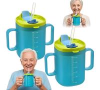 BIZOI 2PCS Elderly Spill Proof Cups, 300ml Unspillable Cup with 2 Handles, Feeding Cup Drinking Cup with Lid and Straw, Adult Sippy Cups with Accurate Scale for Patients Disabled Elderly (Blue)