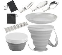 BIZOI Camping Plates and Bowls Set, 9 Pcs Portable Collapsible Camping Cups Bowls with Cutlery Set, Microwave Oven Available Food Grade Silicone for Hiking, Travel & Outdoor