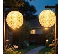 BIZOI Paper Lampshade Hanging Light, 2 Pcs Oriental Ribbed Japanese Ceiling Fixture, 12in Painted Chinese Lantern LED Lights, Hanging Solar Lights Outdoor Garden for Garden, Wedding, Party Decoration