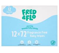 Bizzal Fred & Flo Biodegradable Fragrance Free Baby Wipes, 72 Wipes per Pack, 12 Pack, Plant Based Fibres (Total 864 Count)