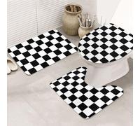 BJNGHKLN Black And White Plaid Pattern 3 Piece Bathroom Rug Set - Non Slip Bath Mat + Toilet Contour Mat + O-Shaped Lid Cover For Home, Hotel, Guest Bathroom
