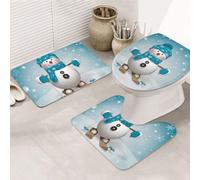 BJNGHKLN Lovely Christmas Cartoon Skiing Snow Man Snowflake Pattern 3 Piece Bathroom Rug Set - Non Slip Bath Mat + Toilet Contour Mat + O-Shaped Lid Cover For Home, Hotel, Guest Bathroom