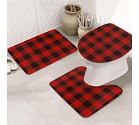 BJNGHKLN Plaid Red And Black Pattern 3 Piece Bathroom Rug Set - Non Slip Bath Mat + Toilet Contour Mat + O-Shaped Lid Cover For Home, Hotel, Guest Bathroom