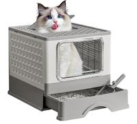 BJNN Cat Litter Tray Box with Lid, Cat Litter Box, Covered Litter Box with Free Scoop, Slide-Out Tray Easy Cleaning, Odour Control, Anti-Leaking, Grey