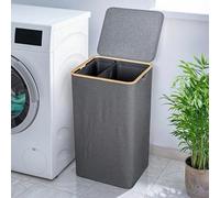 Björn&Schiller Laundry Hamper, 2 Compartments with Lid, 100 L, Grey, Narrow and High, Laundry Hamper, 2 Compartments, Laundry Basket with Lid, Laundry Basket with Compartments, Pockets