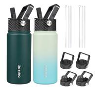 BJPKPK 2 Pack Insulated Water Bottles with Straw Lids, 18oz Stainless Steel Metal Water Bottle with 6 Lids, Leak Proof BPA Free Thermos, Cups, Flasks for Travel, Sports (Army Green+Mint)