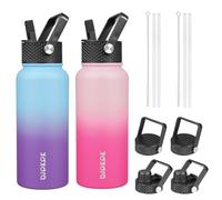 BJPKPK 2 Pack Insulated Water Bottles with Straw Lids, 32oz Stainless Steel Metal Water Bottle with 6 Lids, Leak Proof BPA Free Thermos, Cups, Flasks for Travel, Sports (Cherry+Ocean Dream)