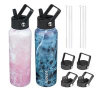 BJPKPK 2 Pack Insulated Water Bottles with Straw Lids, 40oz Stainless Steel Metal Water Bottle with 6 Lids, Leak Proof BPA Free Thermos, Cups, Flasks for Travel, Sports (Blossom+Ocean)