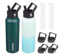 BJPKPK 2 Pack Insulated Water Bottles with Straw Lids, 40ozStainless Steel Metal Water Bottle with 6 Lids, Leak Proof BPA Free Thermos, Cups, Flasks for Travel, Sports (Army Green+Mint)
