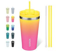 BJPKPK 530 ml Coffee Tumbler with Straw, Insulated Stainless Steel Cup | Double Wall Vacuum, Leak Proof, Keeps Hot/Cold, BPA Free, Dishwasher Safe, Cupholder Friendly, Travel, Pink Yellow Rose