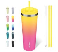 BJPKPK 780 ml Coffee Tumbler with Straw, Insulated Stainless Steel Cup | Double Wall Vacuum, Leak Proof Lid, Keeps Hot/Cold/Iced, BPA Free, Dishwasher Safe, Travel & Outdoor, Pink Yellow Rose