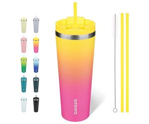 BJPKPK 780 ml Coffee Tumbler with Straw, Insulated Stainless Steel Cup | Double Wall Vacuum, Leak Proof Lid, Keeps Hot/Cold/Iced, BPA Free, Dishwasher Safe, Travel & Outdoor, Pink Yellow Rose