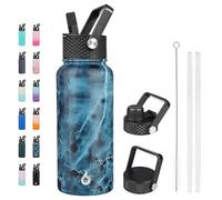 BJPKPK Insulated Water Bottles with Straw Lid, 32oz Metal Large Water Bottle with 3 Lids, Reusable Leak Proof BPA Free Thermos, Stainless Steel Tumblers for Sports, Gym, Travel-Ocean