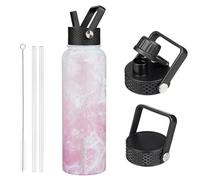 BJPKPK Insulated Water Bottles with Straw Lid, 40oz Stainless Steel Water Bottles with 3 Lids, BPA Free Leakproof Thermos, Tumblers, Cups for Sports, Gym- Blossom