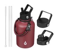 BJPKPK Insulated Water Bottles with Straw Lid, 50oz Large Water Jug, Stainless Steel Vacuum Cups, Hot & Cold Thermos with 3 Lids and Paracord Handle,Brick Red