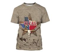 BJQ Men's Texas Map Shirt US Texas Flag T-Shirt 3D Printing Retro Short Sleeve Shirt Casual Round Neck Top Unisex, Brown, XXL