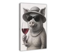 BJQUITGF Pig Wine Glass Cool Funny Canvas Poster Bedroom Decor Landscape Office Room Decor Gift 24x36inch(60x90cm)
