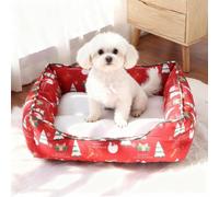 BJWU Christmas Washable Dog Cat Bed - Soft Plush Rectangular Pet Bed with Bolster, Non-Slip Bottom for Small Medium Large Pets, Indoor Cats Puppies Winter Warm Calming Mat (Red,S: 20.1" × 18.1" × 6")