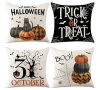 BJWU Halloween Cushion Covers Set of 4-18x18 Inch Linen Throw Pillow Cases with Pumpkin Black Cat Prints - Decorative for Sofa, Bedroom, Indoor Outdoor Halloween Decorations