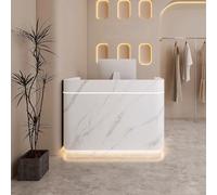BK&MF Modern Front Counter Table with Drawer Storage,Small White Reception Desk with Storage and LED Lights Reception Room Tables for Checkout, Lobby,I,140x60x100cm(55x24x39inch)