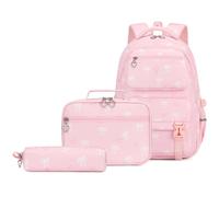 Bkazwe 3Pcs Bowknot Backpack Set for Girls, Cute School Bag with Floral Print, Large Capacity Nylon Rucksack with Lunch Bag, Pencil Case, Girls Rucksack for Teen Primary Secondary Middle