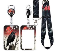 BKBKAAK Crow Badge Holder with Lanyard - Heavy Duty Retractable Reel Clip with Metal Hook for ID Cards, Name Tag Protector with Gothic Crow Card Holder for Men Boys Teachers at School Office