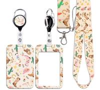 BKBKAAK Cute Badge Holder with Lanyard - Heavy Duty ID Card Retractable Reel for School & Office - Western Pattern Design with Cowboy Boots & Cacti - Kawaii Name Tag for Women, Kids, Teachers