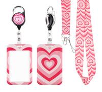 BKBKAAK Cute Pink Love Heart Lanyards for ID Badge Holder with Retractable Reel Clip Aesthetic Valentines Girls Women Preppy Lanyards ID Holder Lanyard for Keys Work School Office