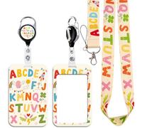 BKBKAAK Teacher Lanyards for ID Badges, School Plastic ID Card Holder with Heavy Duty Retractable Reel Clip, Colorful Alphabet Pattern Keychain Lanyard for Students, Teacher, Kids