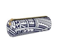 BKDODKS Blue Polynesian Maori Tribal Pattern Print Adults Leather Pencil Case Pouch Men Women Pencil Pouch with Zipper Lightweight