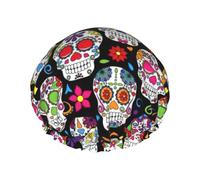 BKDODKS Sugar Skulls Print Shower Cap For Women Lightweight Reusable Softdouble Waterproof Layers Leakproof., Black