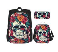 Bkdogkt Flowers Skull Ornamental Print Versatile Adjustable Shoulder Fashion Backpack Lunch Bag Pencil Case Large Capacity, Black, One Size, Black, One Size