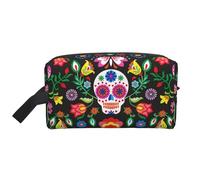 Bkdogkt Sugar Horror Skull and Flowers Print Large Capacity Cosmetic Organizer for Women and Men Portable Travel Makeup Pouch, White, One Size