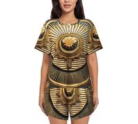 Bkdogkt Sun Old Egyptian Timeless Grace Print Women Style Short Sleeve Pajama Sets Soft And Comfy Nightwear For Home Outings, Black, XXL
