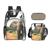 Bkdogkt Unisex Transparent African Elephant Print Backpack Set with 3 Pieces Transparent Lunch Case