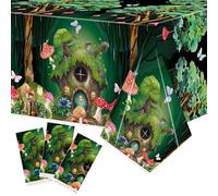BkeeCten 3 Packs Forest Theme Fairy House Tablecloth Decorations, Cute Mushroom Tree House Disposable Waterproof Rectangle Plastic Table Covers, Forset Tablecloth for Picnic Camping Party Supplies