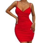 BKEPDY Women Wrap Deep V Neck Sexy Mini Dress Spaghetti Strap Ruched Bodycon Tank Cami Sleeveless Front Slit Dresses Club Party Y2K Cocktails Dress Clubwear Red