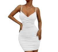 BKEPDY Women Wrap Deep V Neck Sexy Mini Dress Spaghetti Strap Ruched Bodycon Tank Cami Sleeveless Front Slit Dresses Club Party Y2K Cocktails Dress Clubwear White