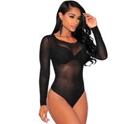 BKEPDY Women's Bodysuits Sexy Long Sleeves Sheer Mesh Bodysuit High Stretchy See Through Crew Neck Body Suit Club Party Jumpsuit Top Leotard